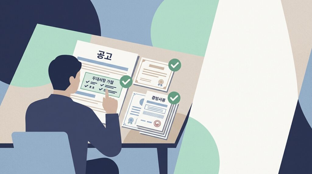 공기업 취업 준비를 위해 채용공고와 체크리스트를 살펴보는 일러스트